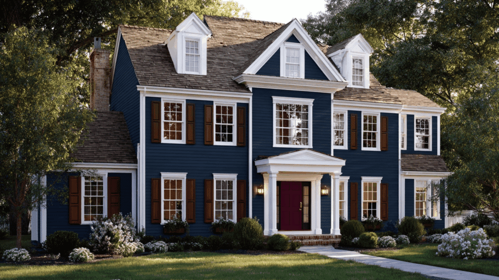 colonial blue siding white trim burgundy door
