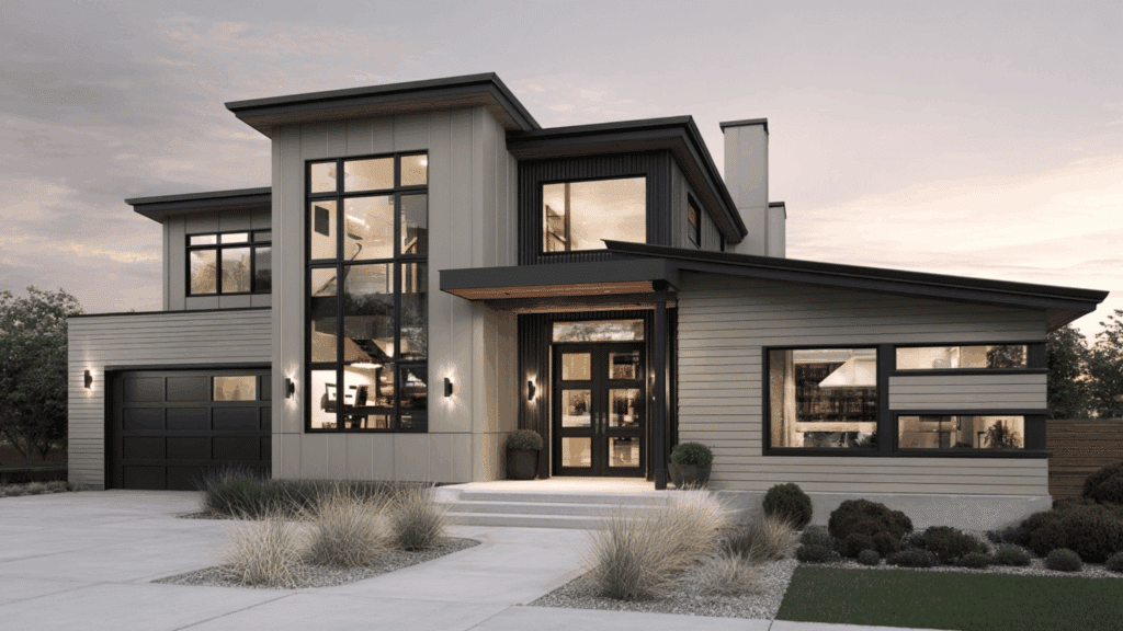 cool taupe siding charcoal trim metal accents