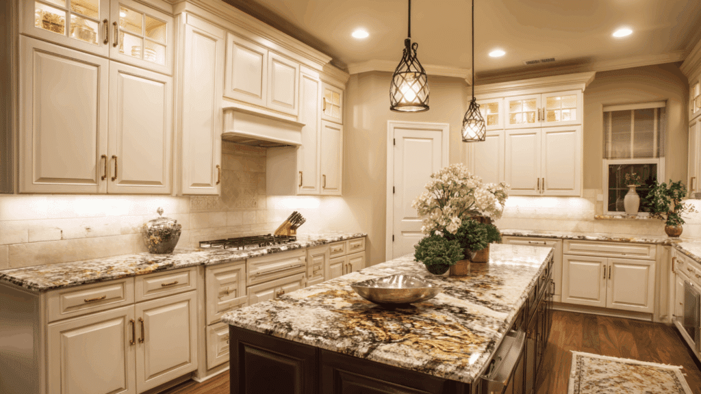 cream cabinets with espresso quartz