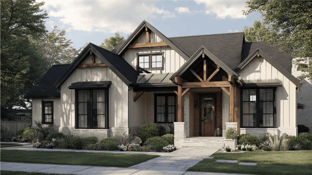 cream siding charcoal trim walnut stained beams