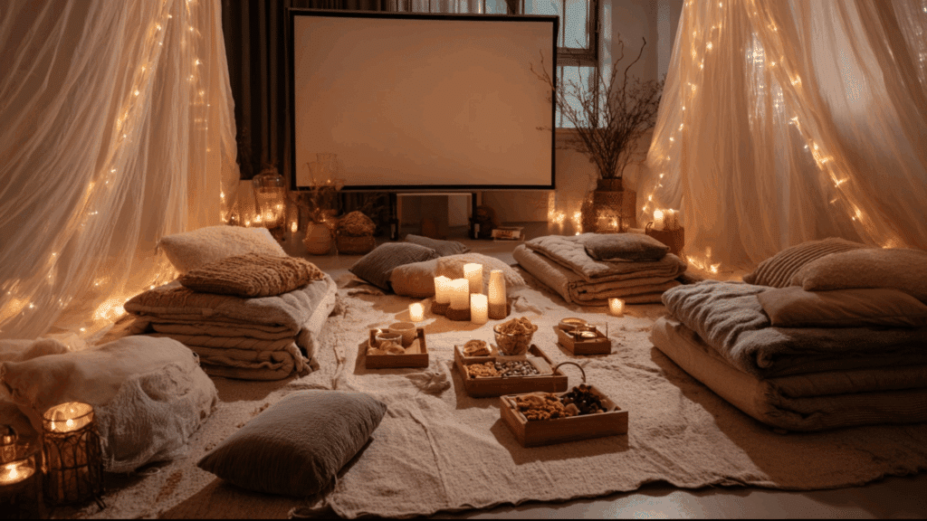create a cozy movie corner with blankets and warm treats