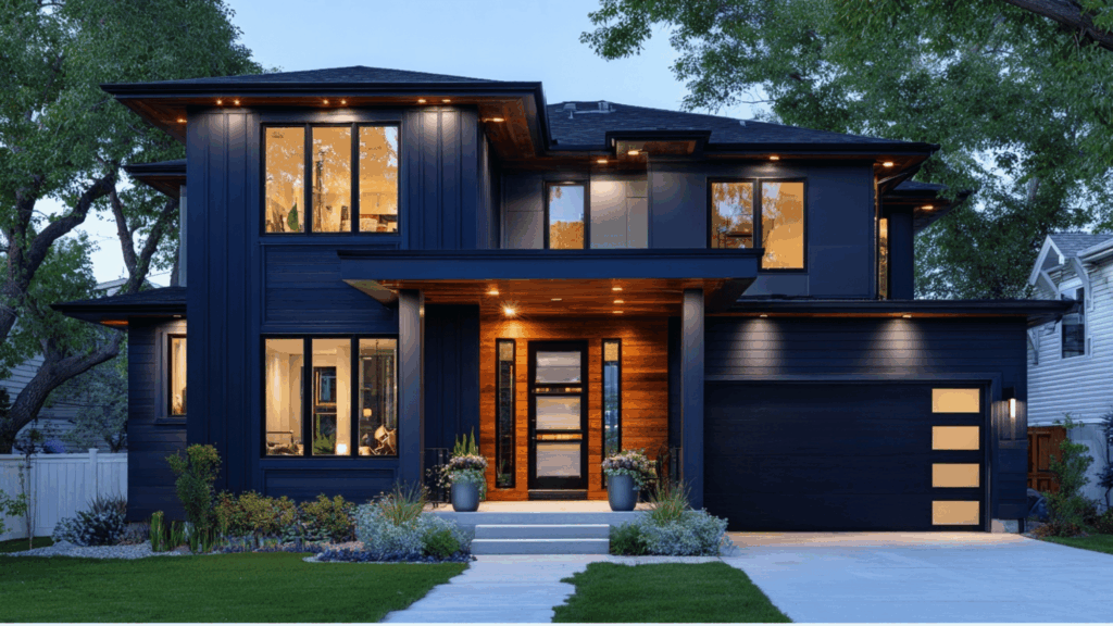 deep navy siding black trim ipe wood accents