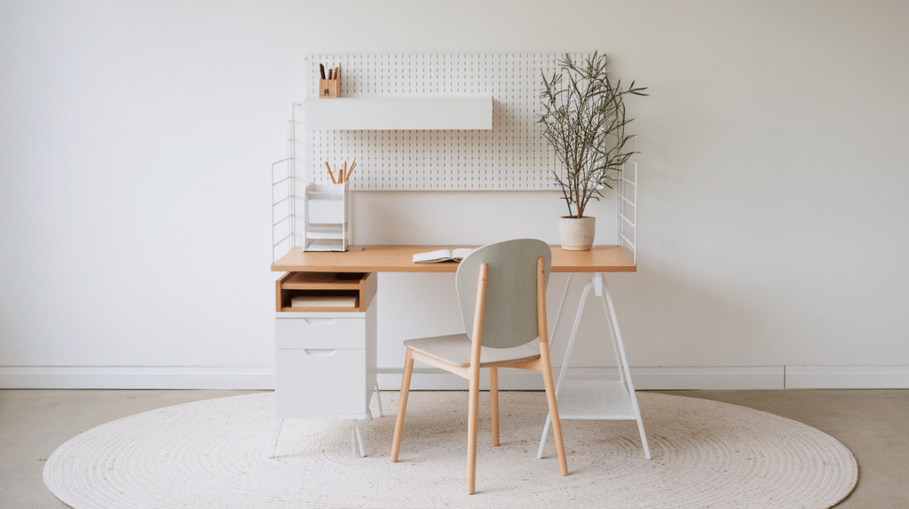desk with pegboard back