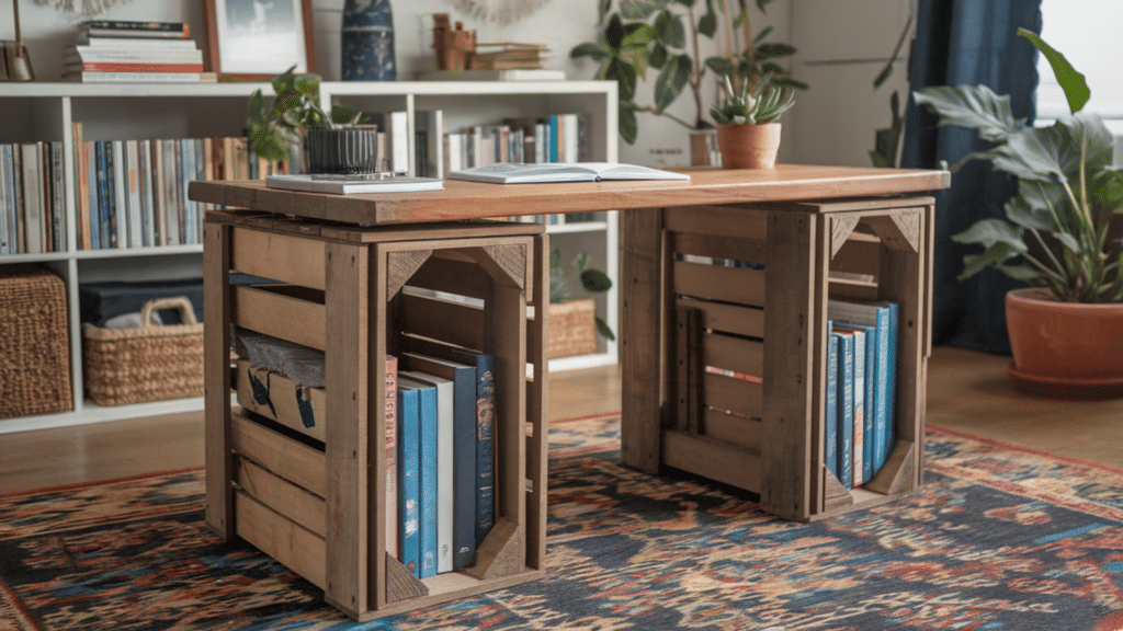 desk with storage crates