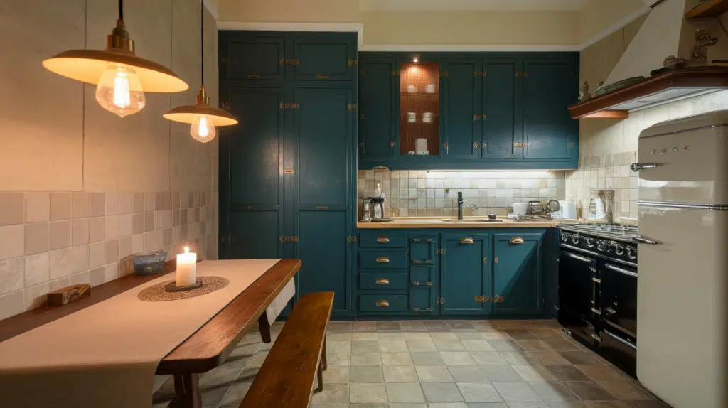 dim kitchen layout with soft lighting