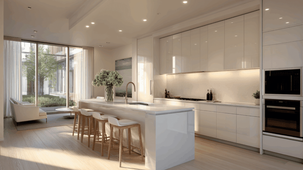 frosted white cabinets with matte black counters