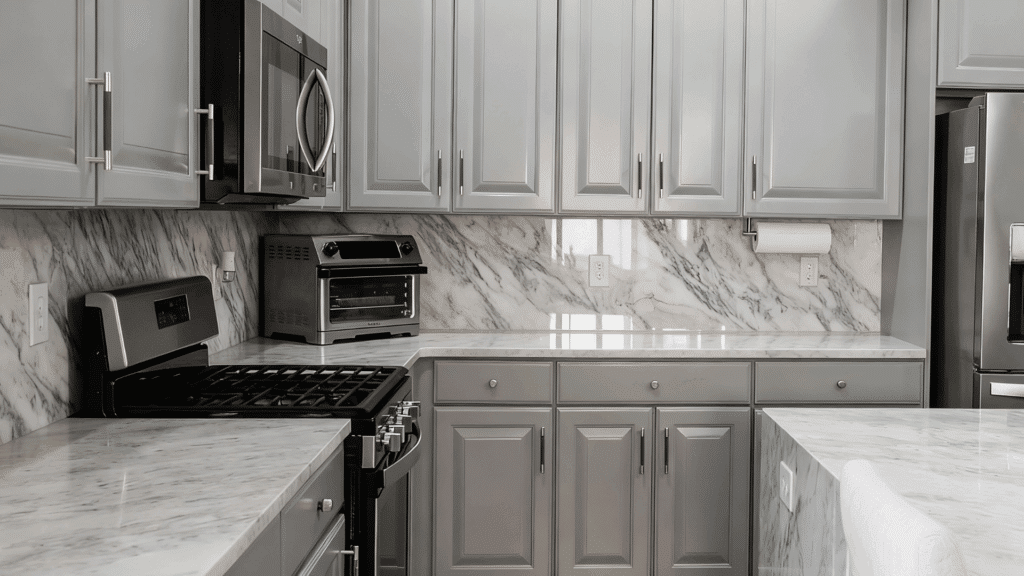 full height quartz slab backsplash