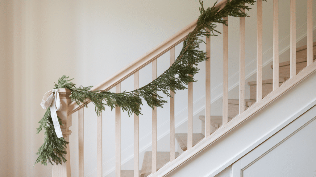 hang minimal garland on stair rails
