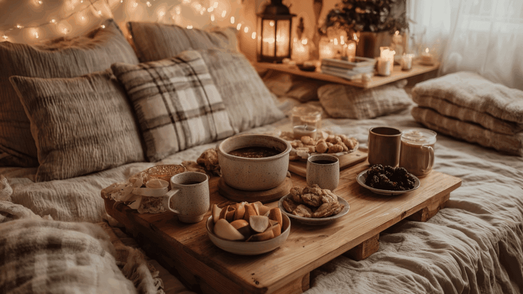 host a pajama themed midnight brunch or fondue grazing table