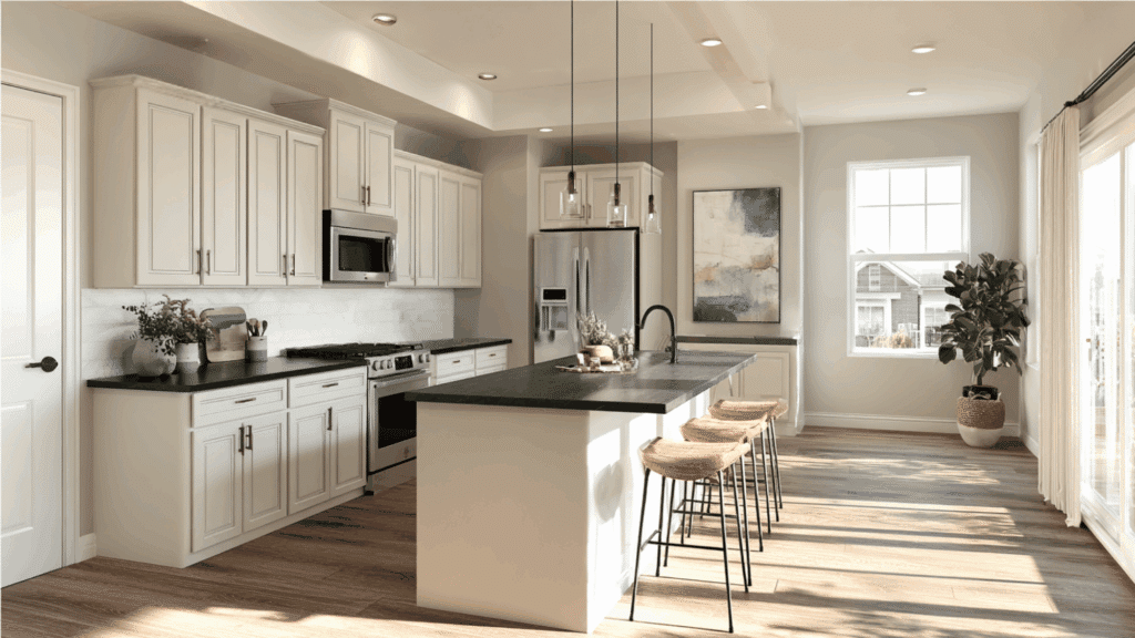 ideas of dark countertops and light cabinets for kitchen