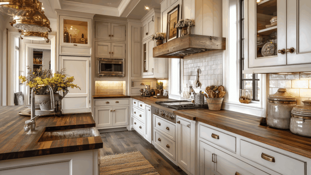 ivory cabinets with dark butcher block