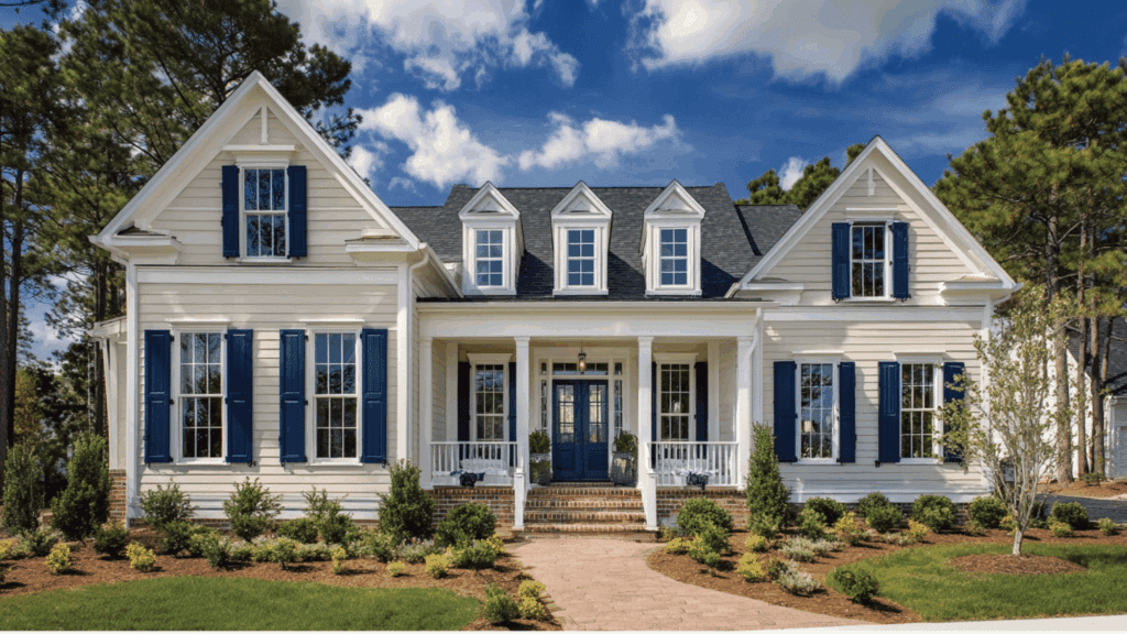 light beige siding white trim navy shutters