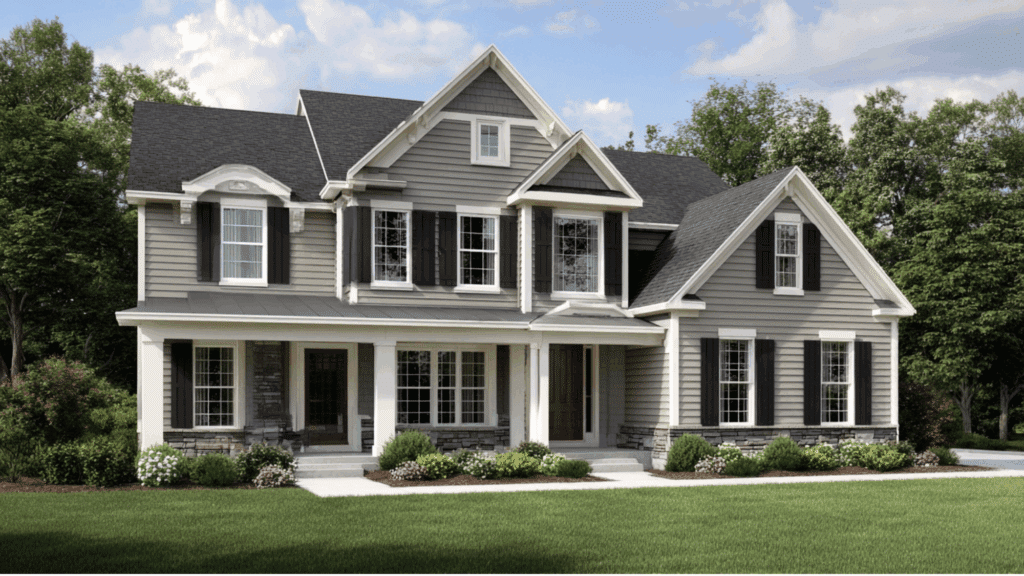light gray siding white trim black shutters