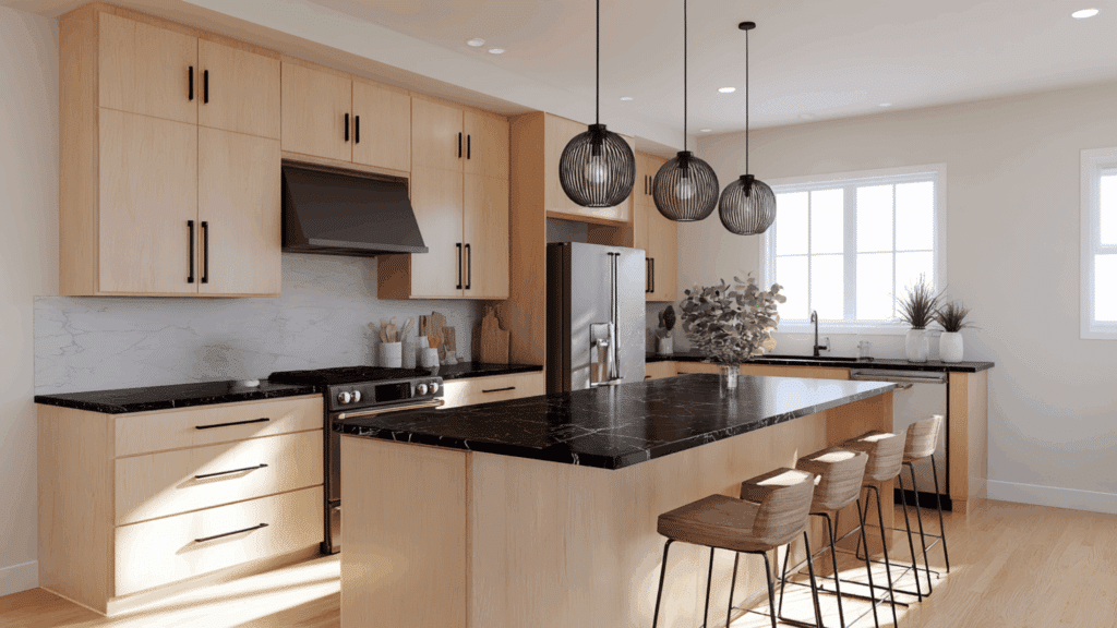 light maple cabinets with black quartz