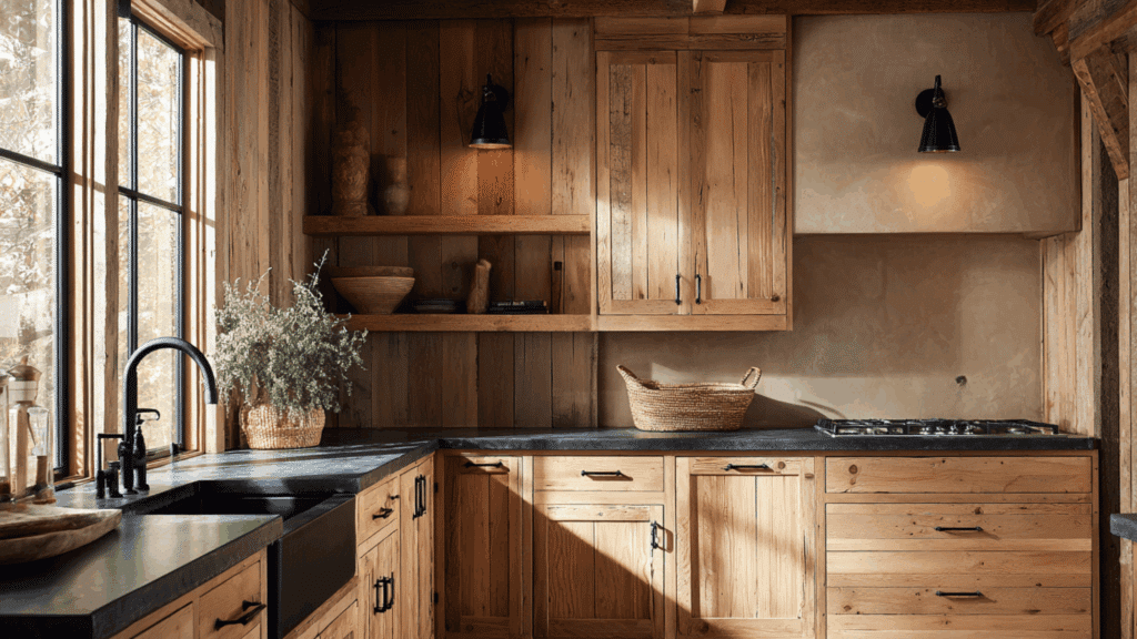 light pine cabinets with dark stone counters