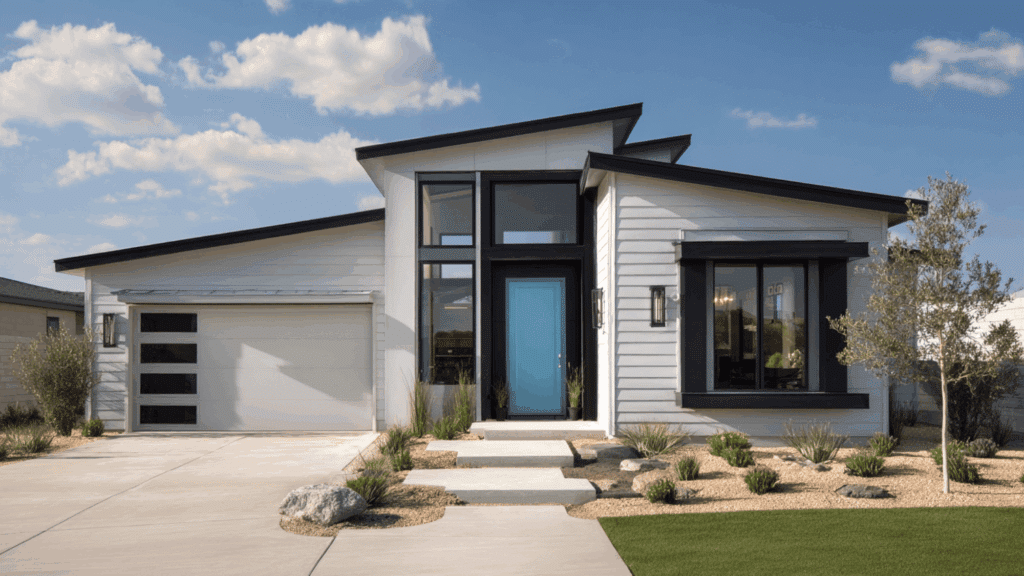 light silver siding black trim frost blue accents