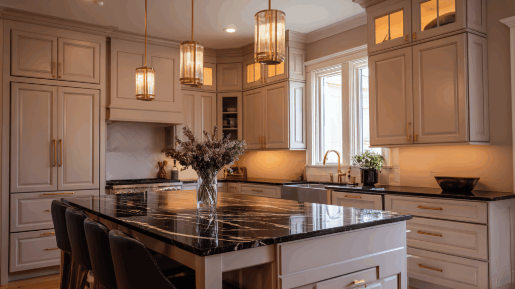 light taupe cabinets with black marble