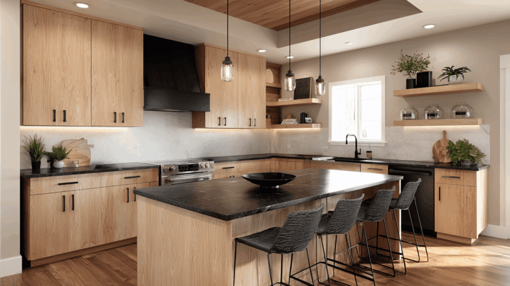 light wood cabinets with midnight granite