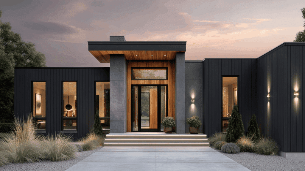 matte black siding warm oak trim bronze hardware