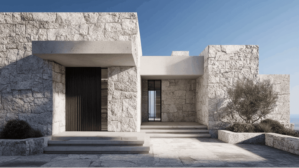 mediterranean modern home with natural stone facade