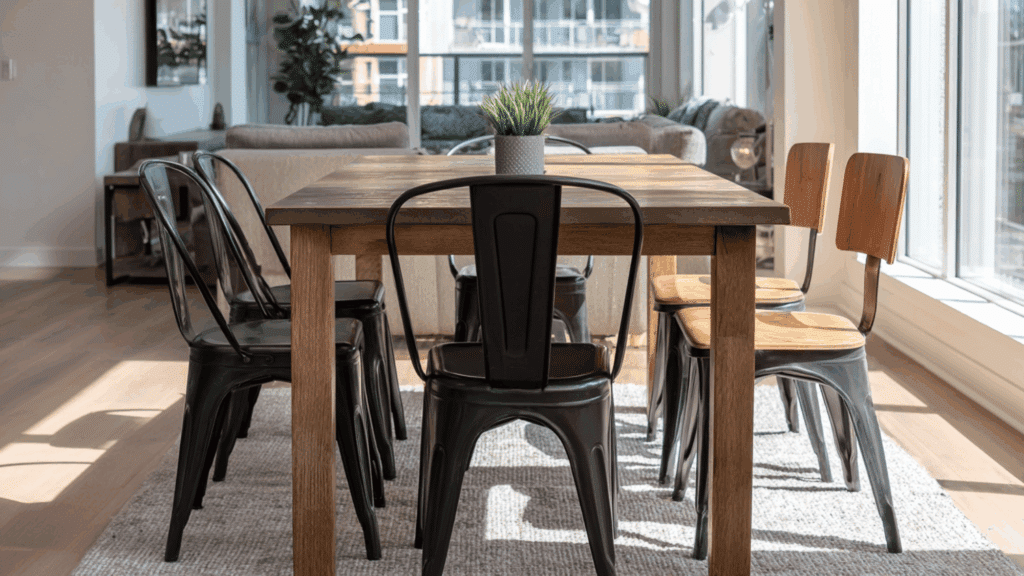 metal chairs paired with wood chairs