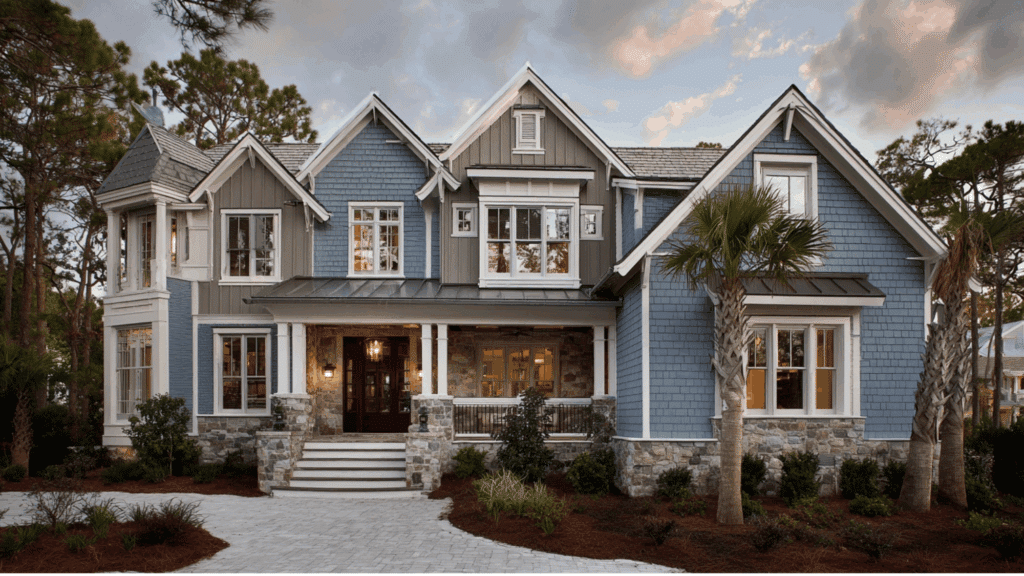 muted blue siding taupe trim natural stone accents