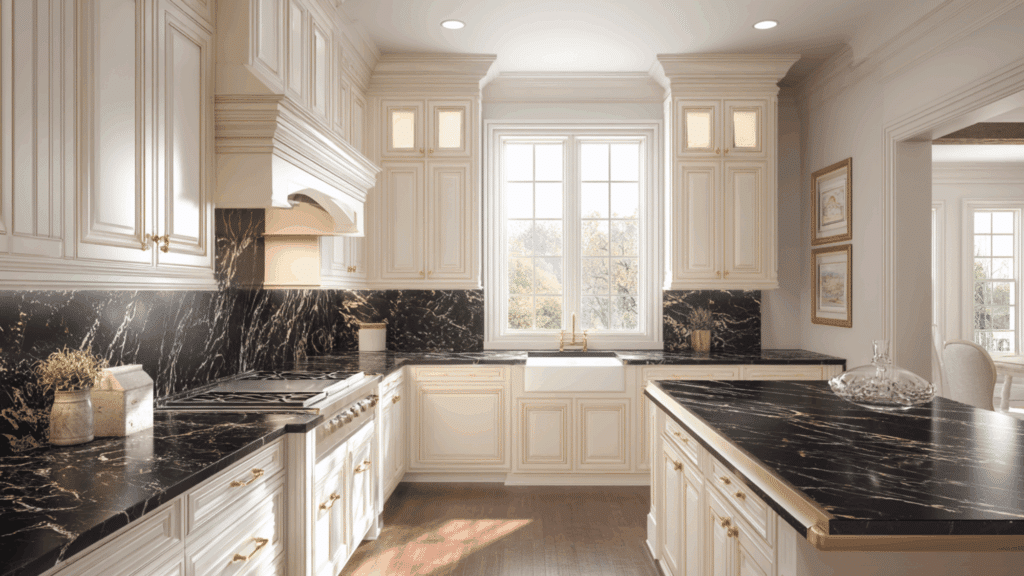 off white cabinets with black marble