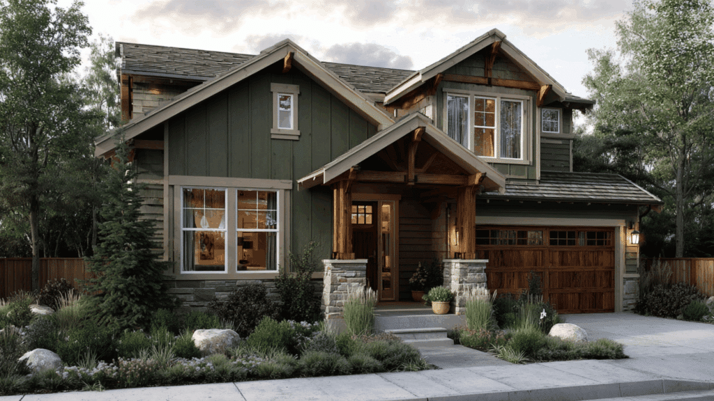 olive green siding tan trim cedar shake accents