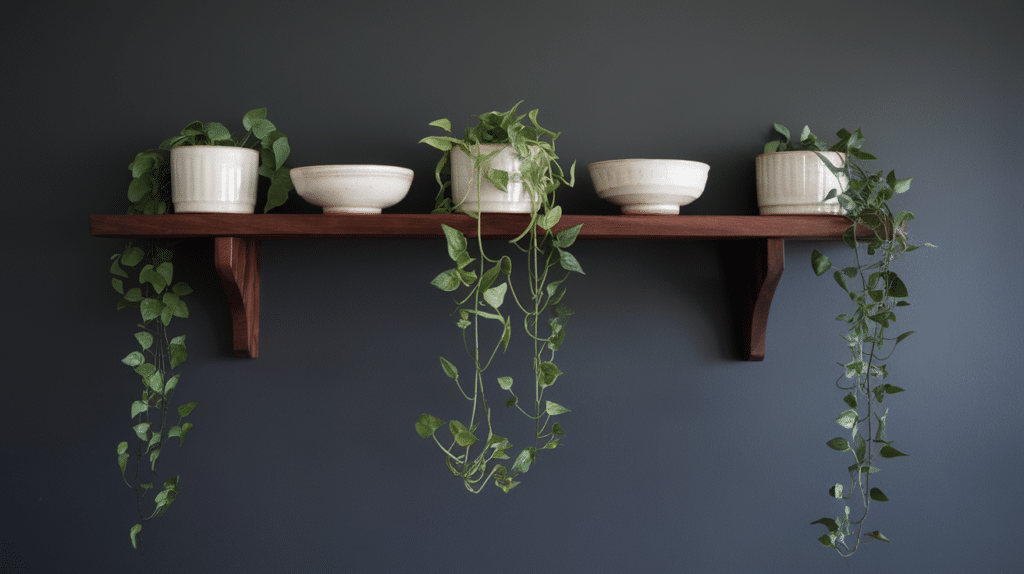 open shelving in dark wood