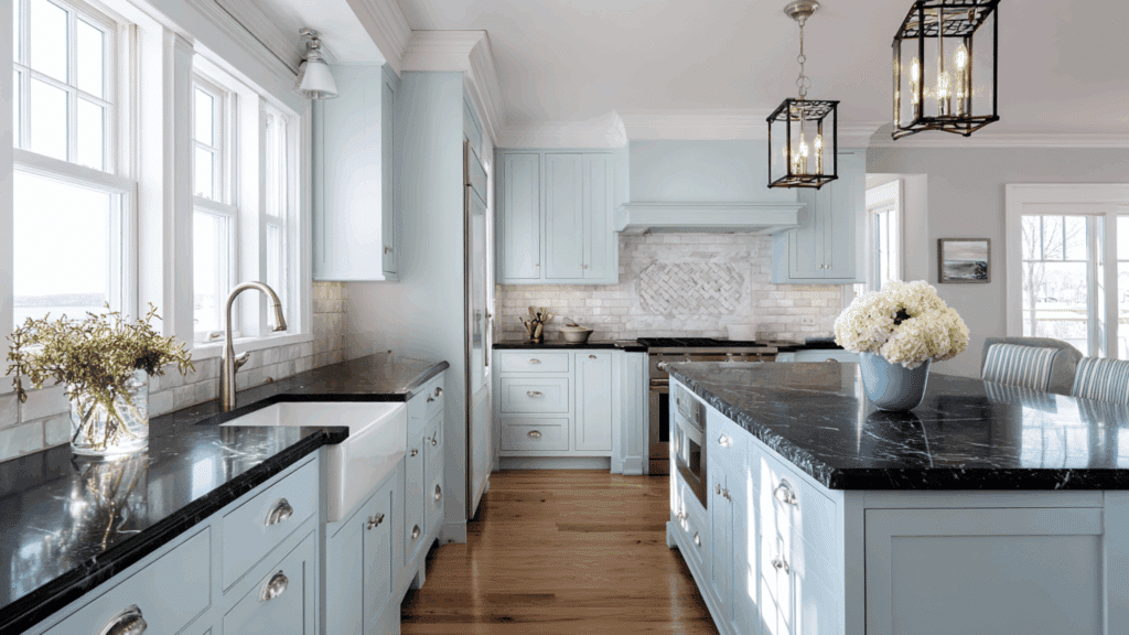 pale blue cabinets with black quartz