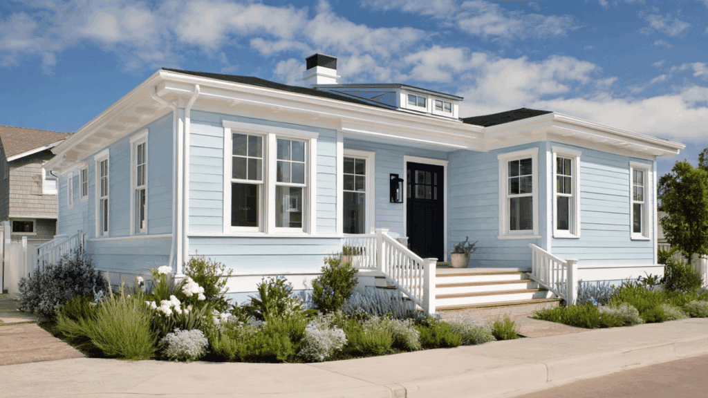 pale blue siding bright white trim matte black fixtures