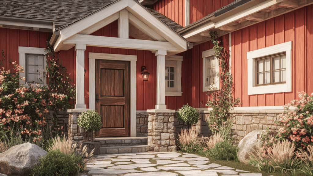 rust red siding cream trim brown wood door