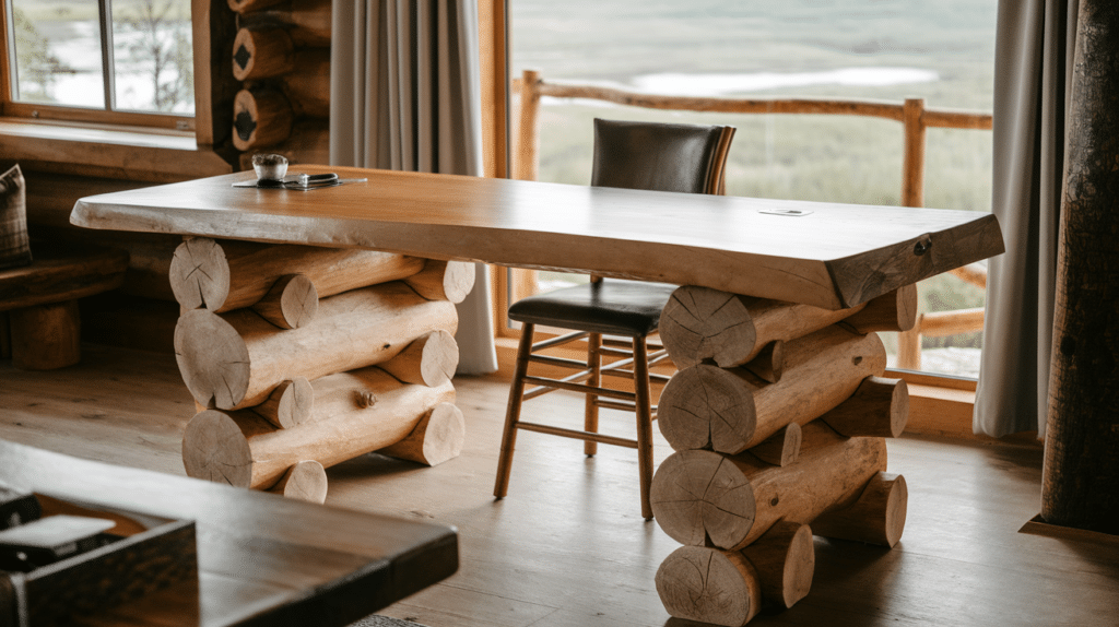 rustic log leg desk