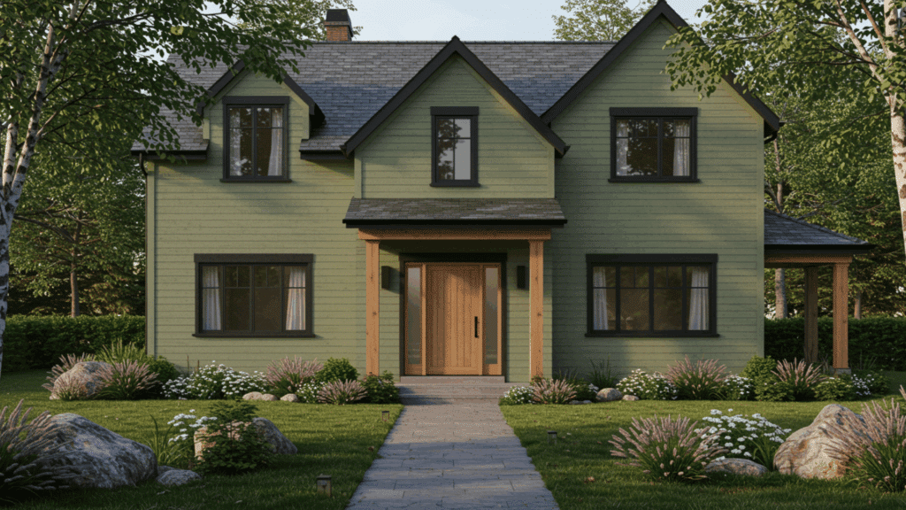 sage green exterior natural wood door