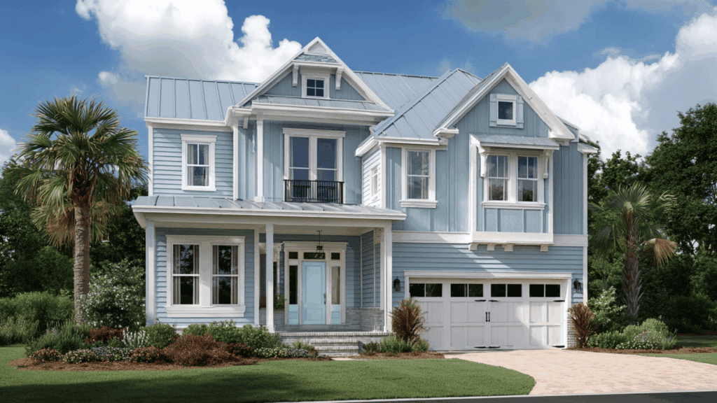 soft blue siding white trim seafoam door