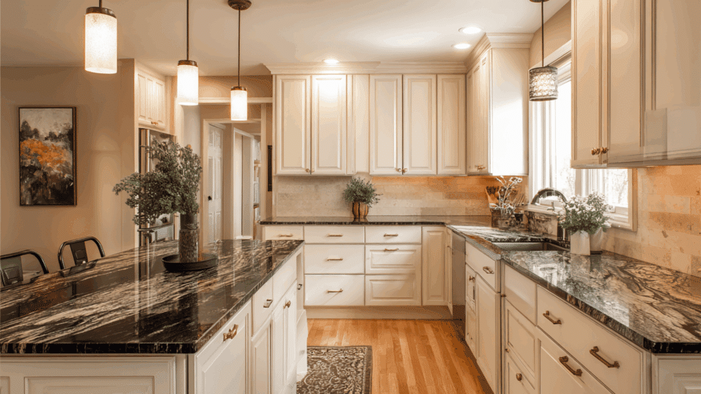 soft cream cabinets with charcoal granite