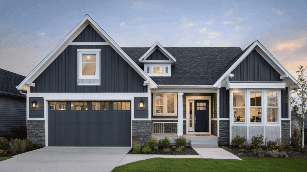 steel gray siding crisp white trim slate blue door