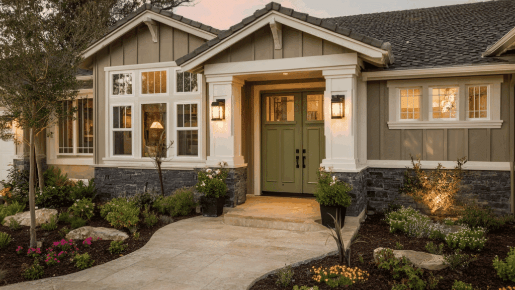 taupe siding ivory trim olive green frontdoor