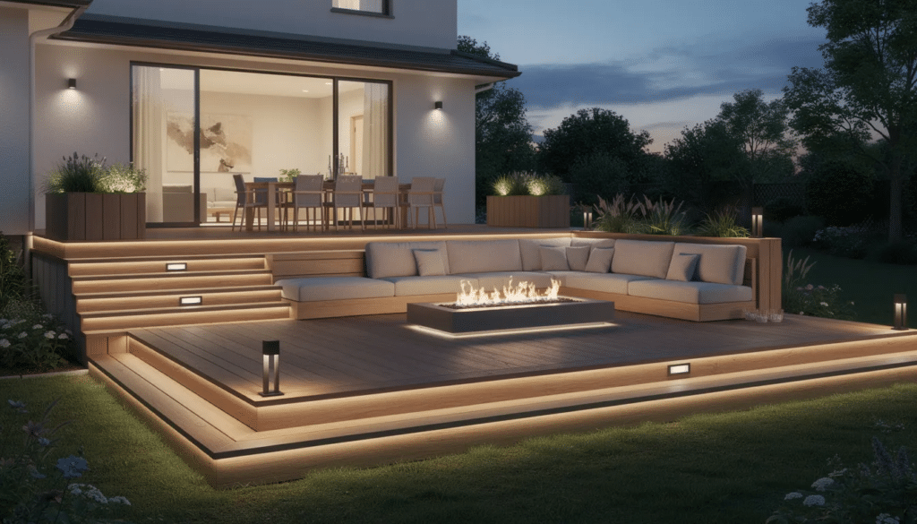 The image features a stunning custom multi-level deck designed for outdoor living, complete with built-in seating areas and integrated lighting that creates an inviting atmosphere. This well-designed deck showcases high-quality materials and thoughtful deck layout, transforming the outdoor space into a functional oasis perfect for summer barbecues and relaxation.