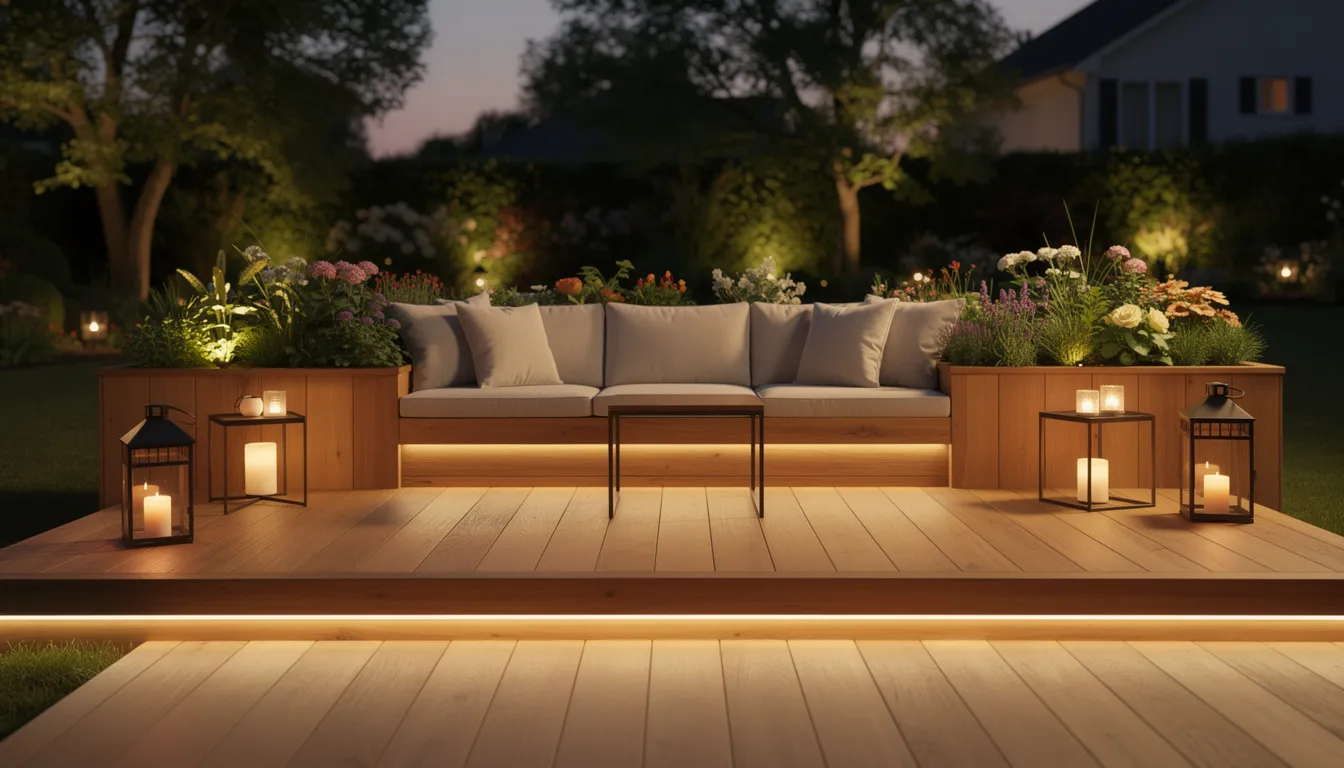 The image showcases a stunning custom deck featuring built-in seating, planters, and integrated outdoor lighting, all designed to create a welcoming atmosphere for outdoor living. This well-designed deck enhances the outdoor space, making it perfect for summer barbecues and relaxation.