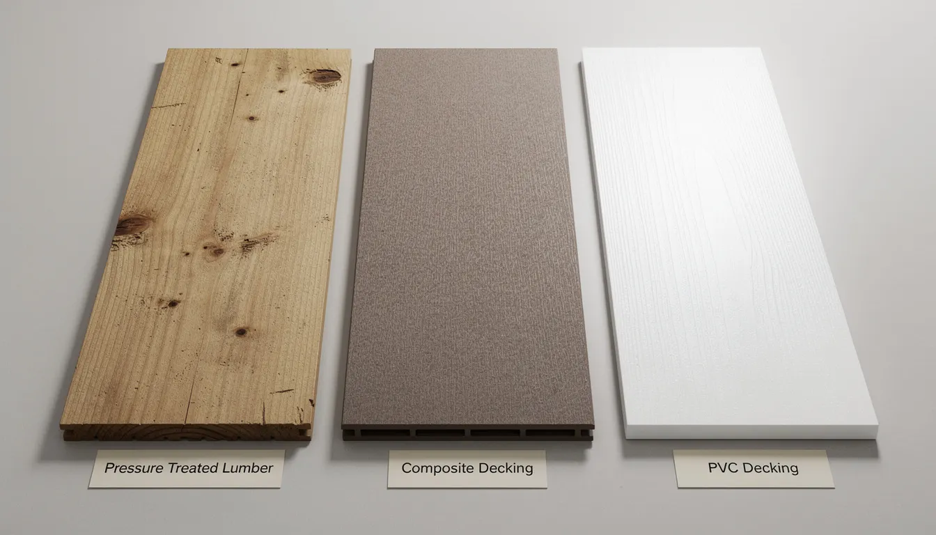 The image showcases a variety of decking materials, including pressure treated lumber, composite, and PVC options, arranged for easy comparison. This selection highlights the importance of choosing the right materials for a stunning custom deck that enhances your outdoor living space.