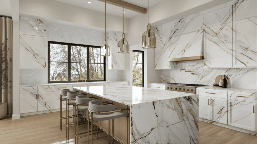 waterfall effect across counters backsplash