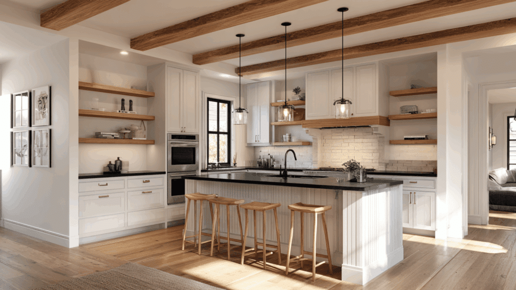 white cabinets with black high gloss counters