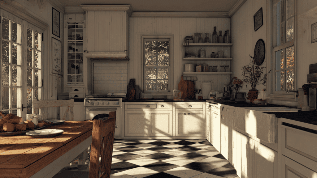 white cabinets with black tile countertops