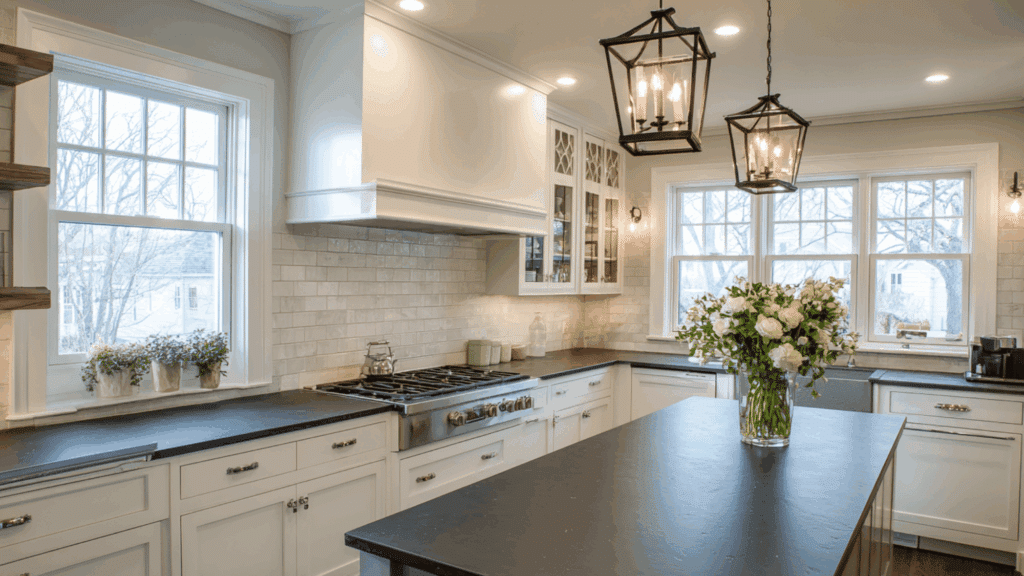 white cabinets with charcoal soapstone