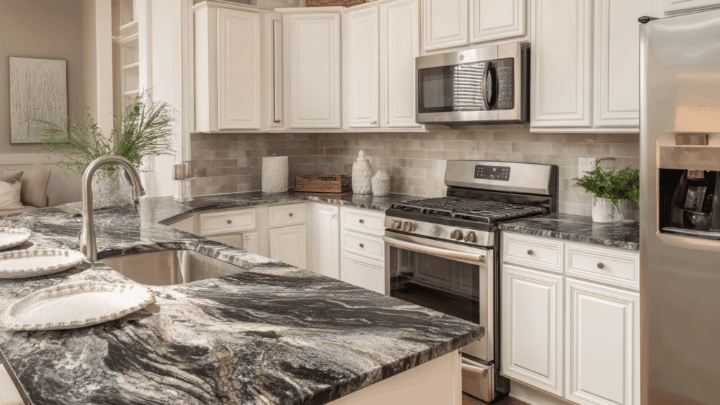 white cabinets with dark granite veining