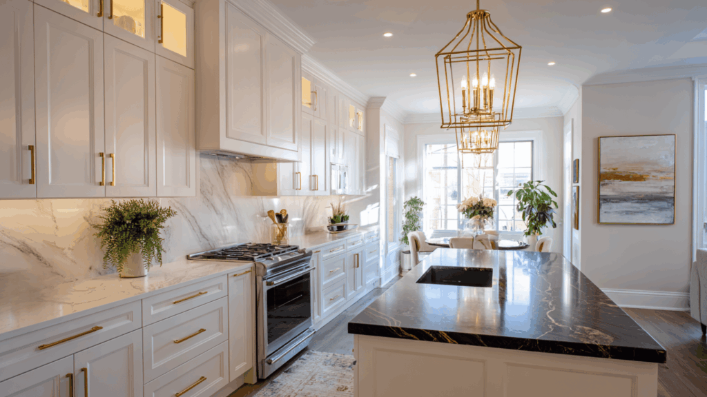 white cabinets with dark quartz and gold hardware