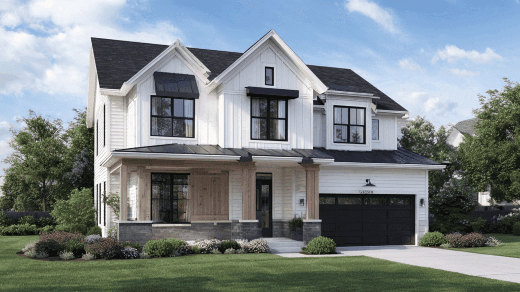 white siding black trim gray stained wood accents