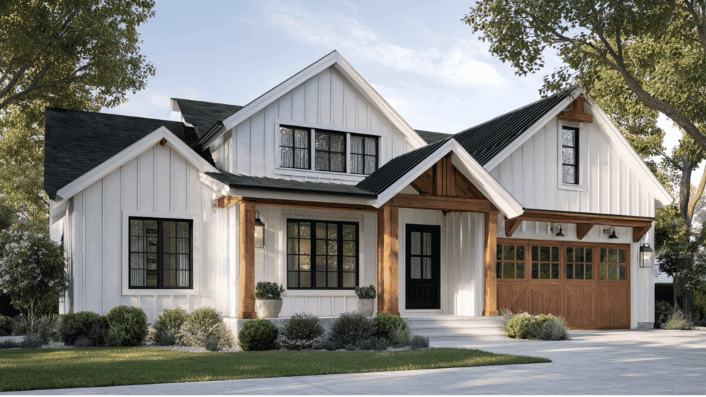 white siding black trim natural wood accents