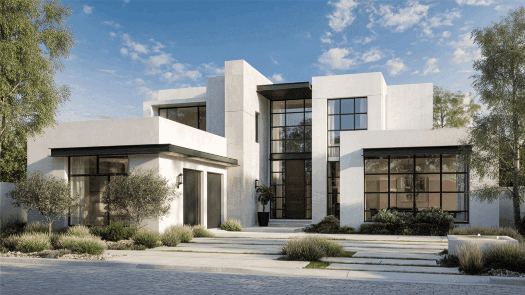 white stucco villa with black steel windows